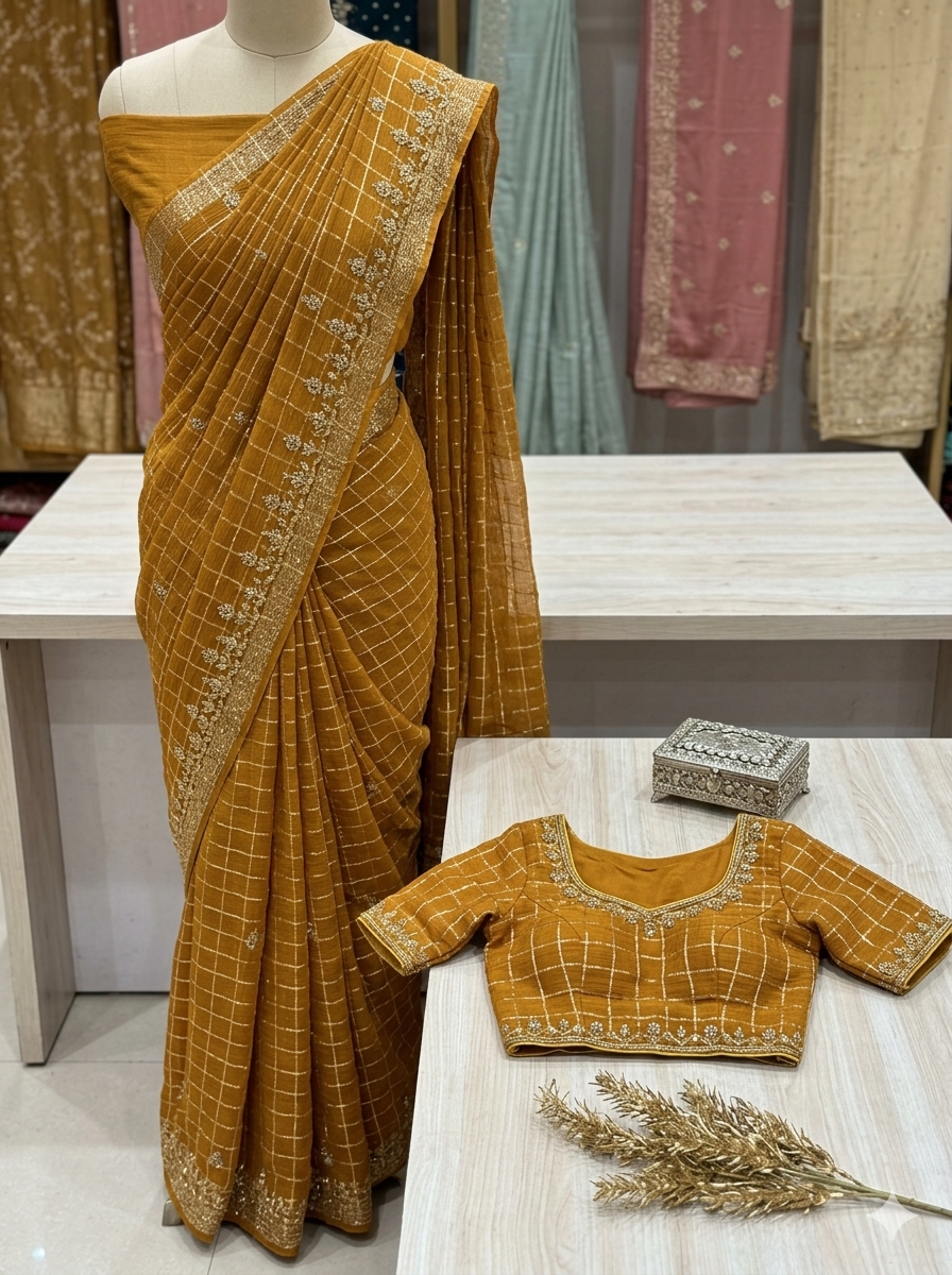 Hand-finished saree ensemble